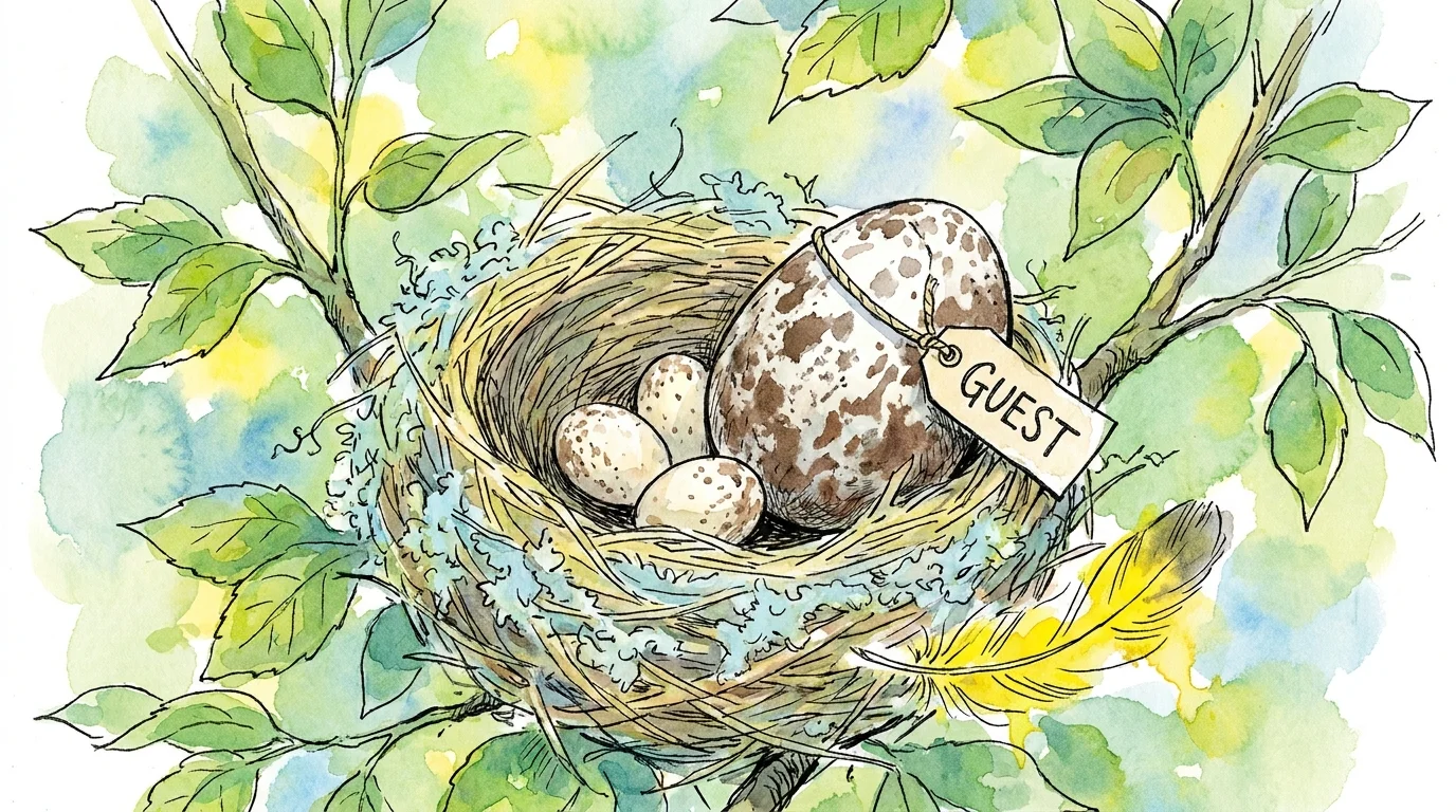 A watercolor illustration of a small nest containing three small eggs and one much larger, different egg.