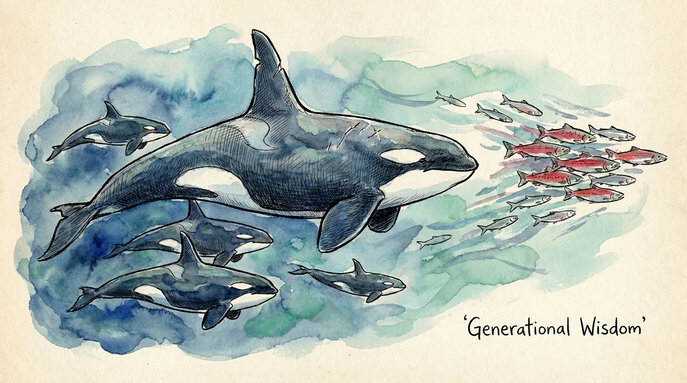A watercolor illustration of an elder orca matriarch leading her children and grandchildren through the ocean to find food.