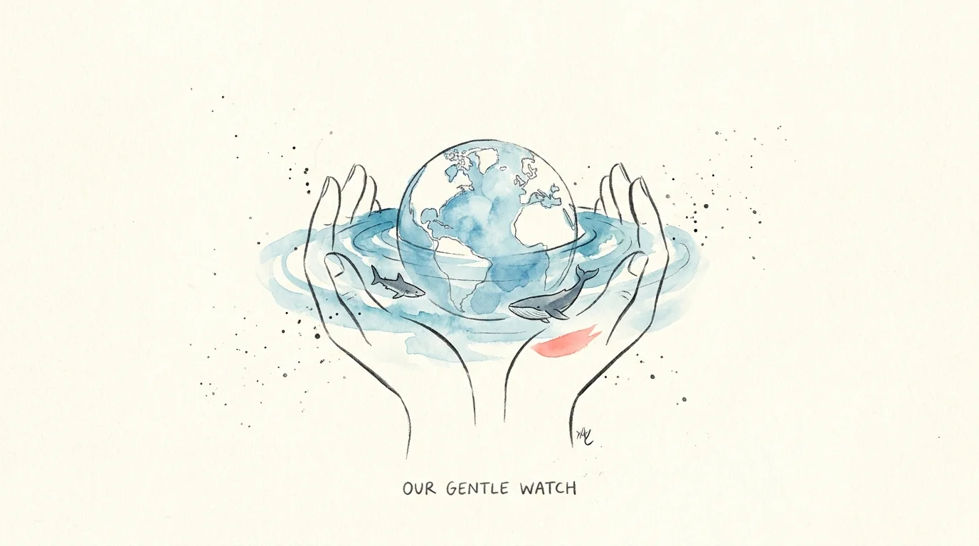A watercolor illustration of hands protecting a small ocean globe, symbolizing marine conservation.
