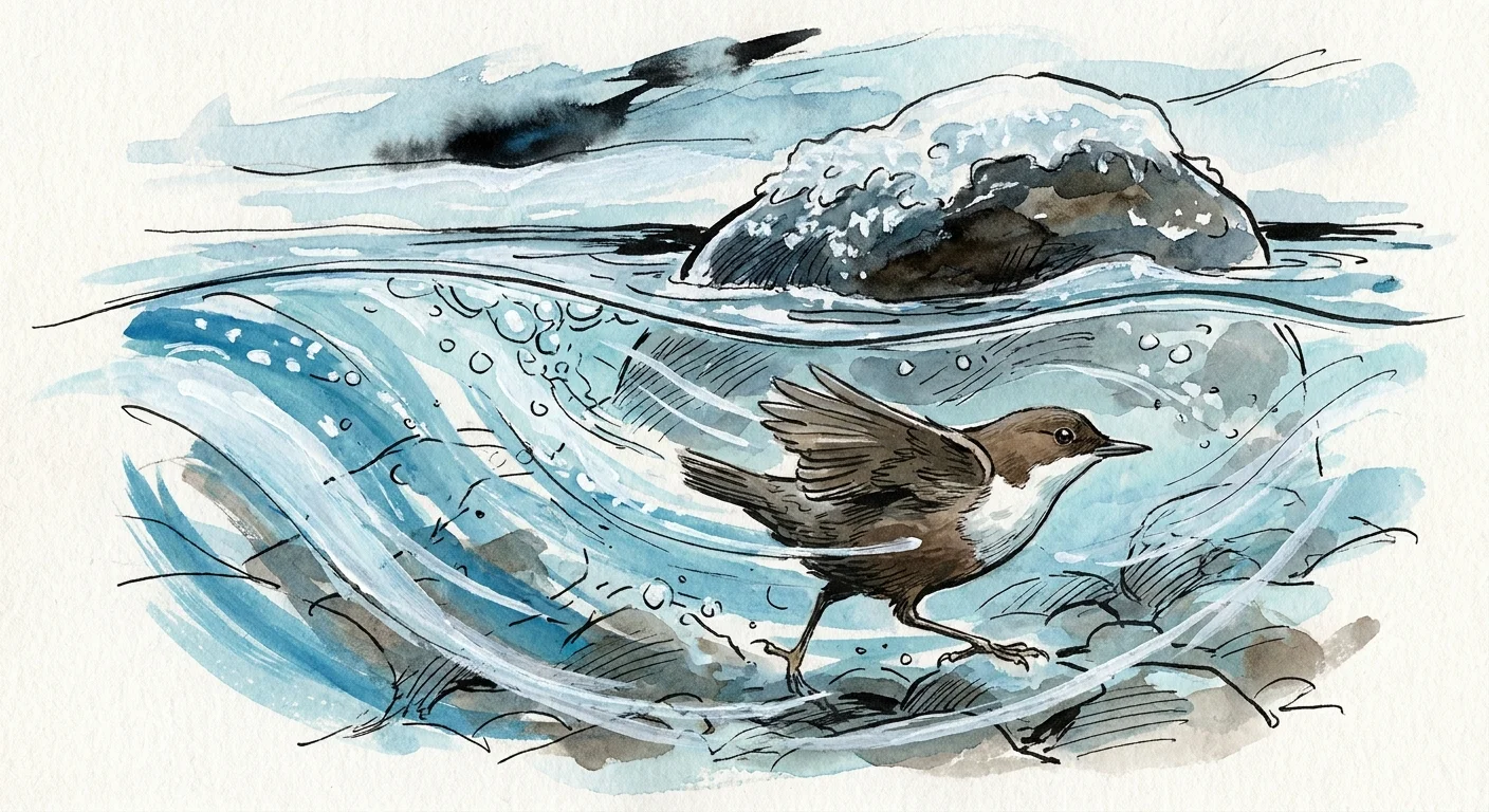 A watercolor sketch of an American Dipper bird swimming and walking on the bottom of a rushing, icy river.