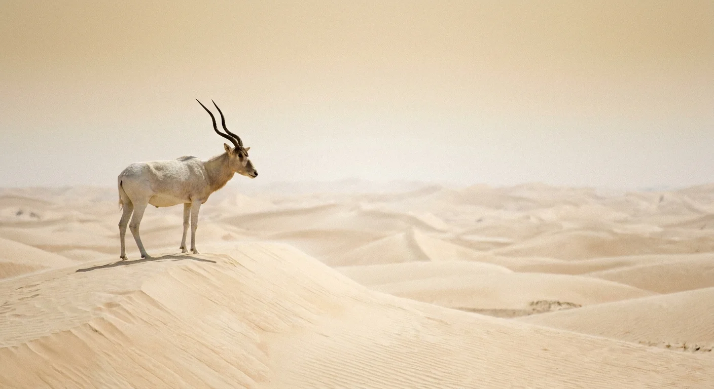 A white Addax antelope with spiral horns standing on a desert dune under a bright, hazy sun.
