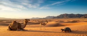A wide desert landscape at dawn featuring a camel, sand gazelle, and tortoise walking across orange sand dunes under a golden sky.