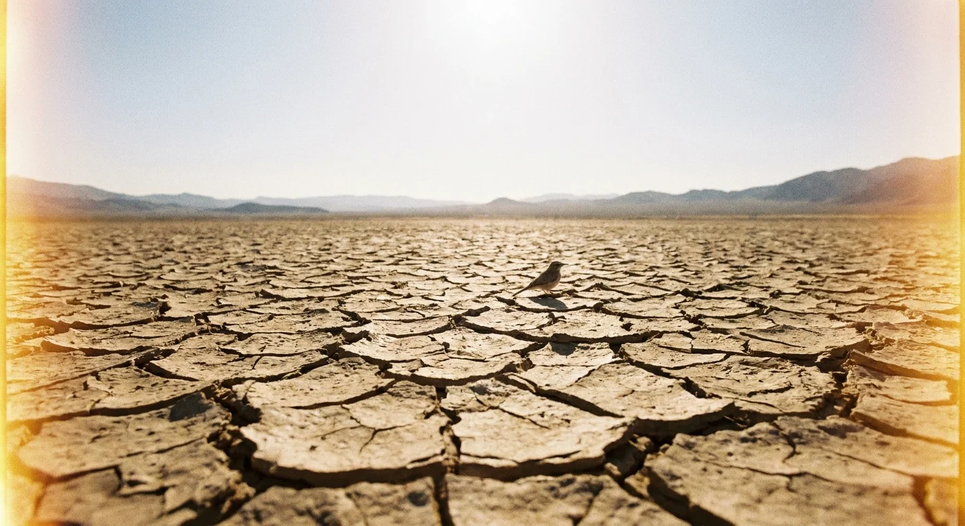 A wide shot of a parched, cracked desert landscape under a hot sun, representing the challenges facing wildlife on a warming planet.