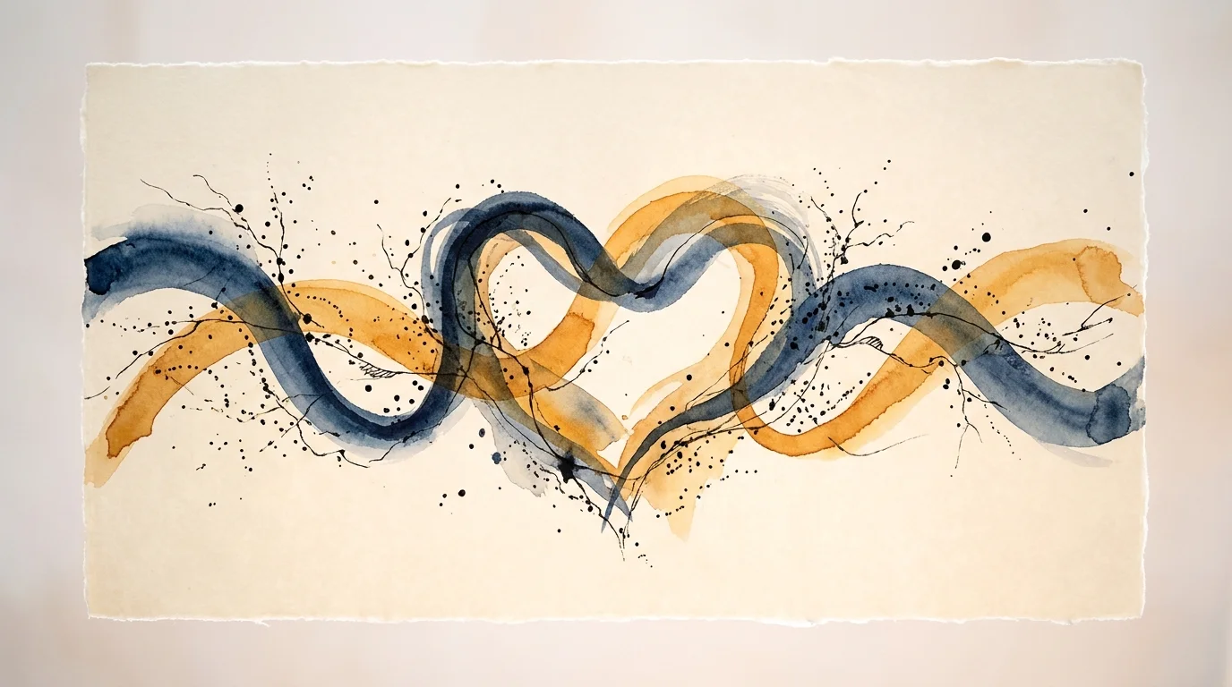 An abstract watercolor painting with flowing blue and gold lines that intertwine to symbolize connection and loyalty.