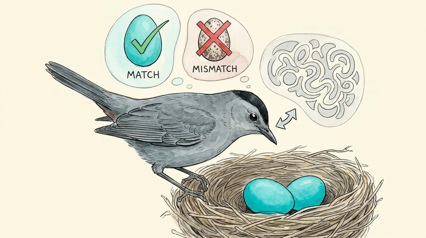 An illustration of a catbird inspecting its eggs, with symbols showing it recognizing its own vs an intruder egg.