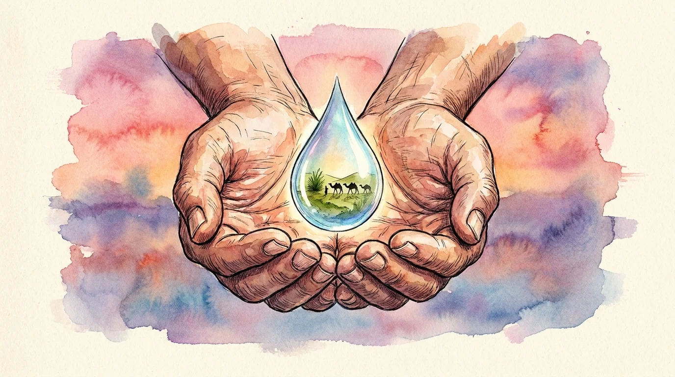 An illustration of human hands holding a large water drop that reflects a desert landscape.