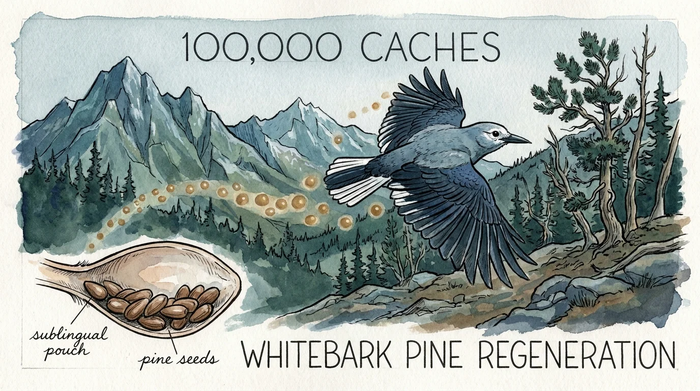 An illustration showing a Clark's Nutcracker flying over mountains, leaving a trail of seed caches to illustrate its memory.
