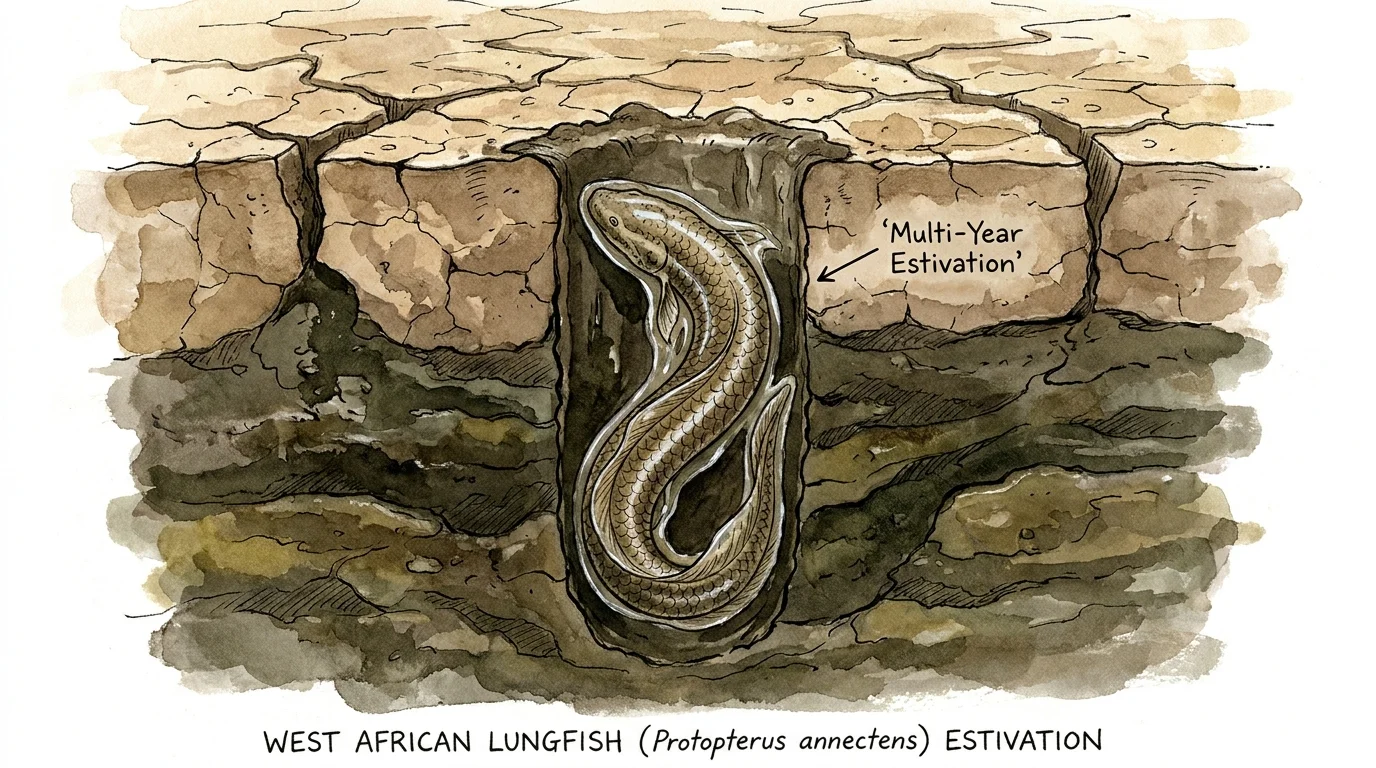 An illustration showing a lungfish curled inside a mud burrow beneath a dry, cracked riverbed surface.