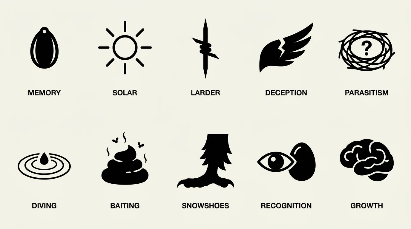 An infographic grid of 11 icons representing different bird survival strategies like solar power, memory, and baiting.