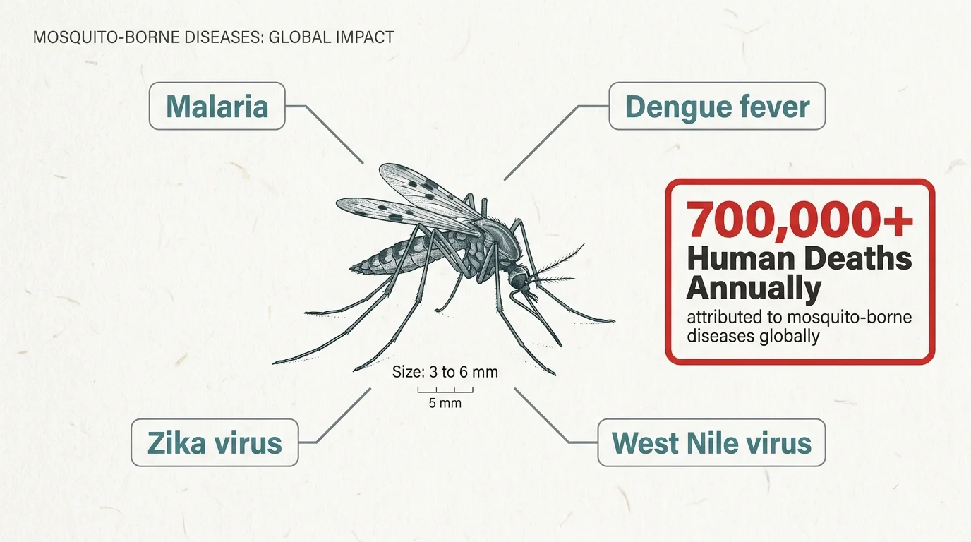 An infographic showing a mosquito at the center with labels for Malaria, Dengue, and Zika, noting 700,000 annual deaths.