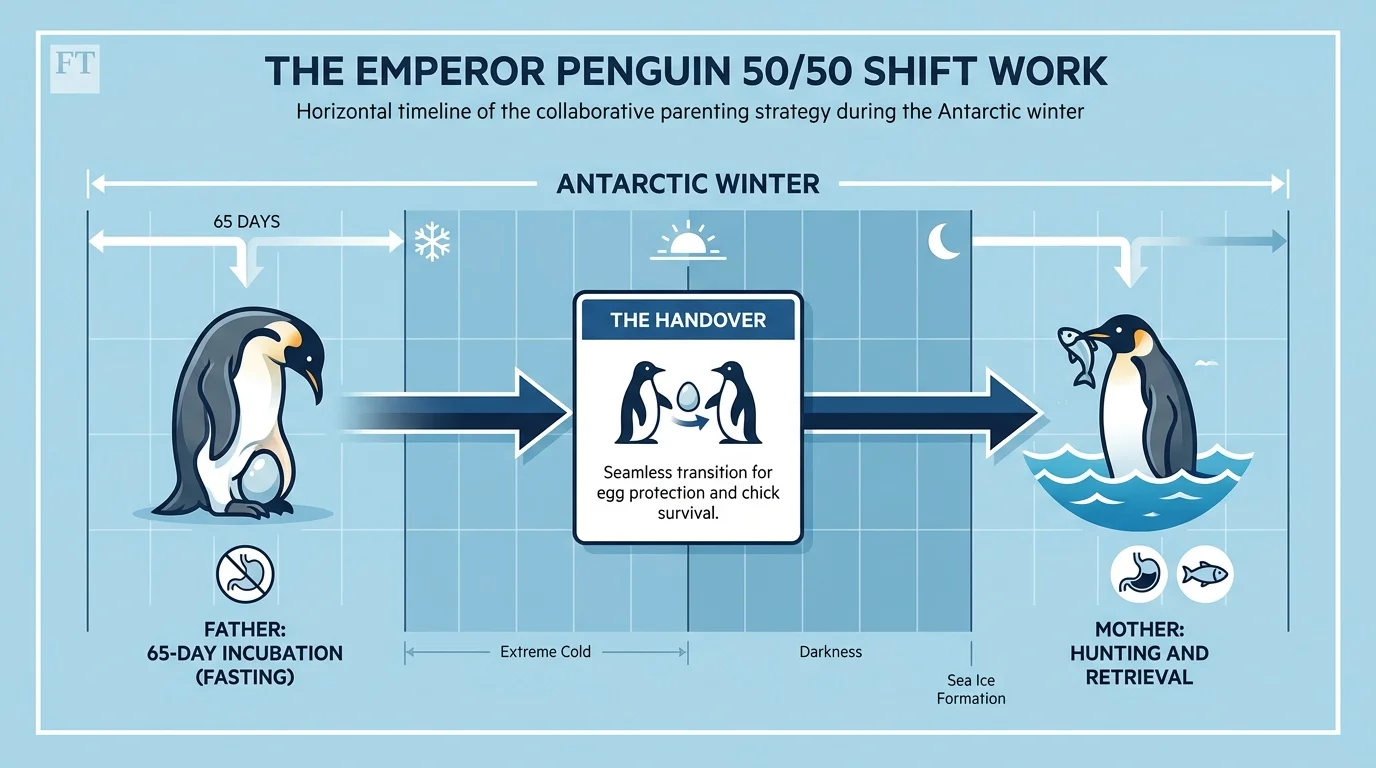 An infographic showing the shift-work schedule of penguin parents, with the father incubating the egg while the mother hunts.