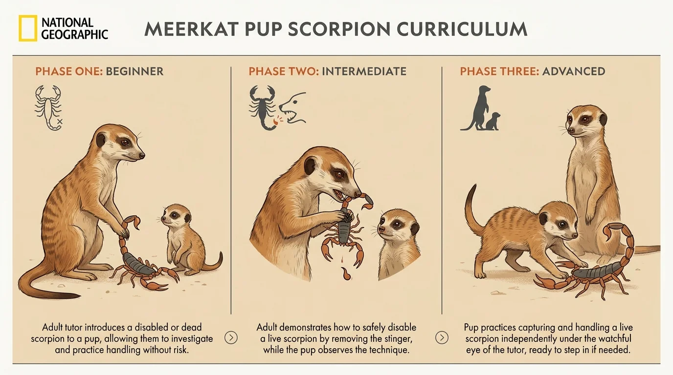 An infographic showing the three phases of meerkat hunting school: dead prey, disabled prey, and live prey.
