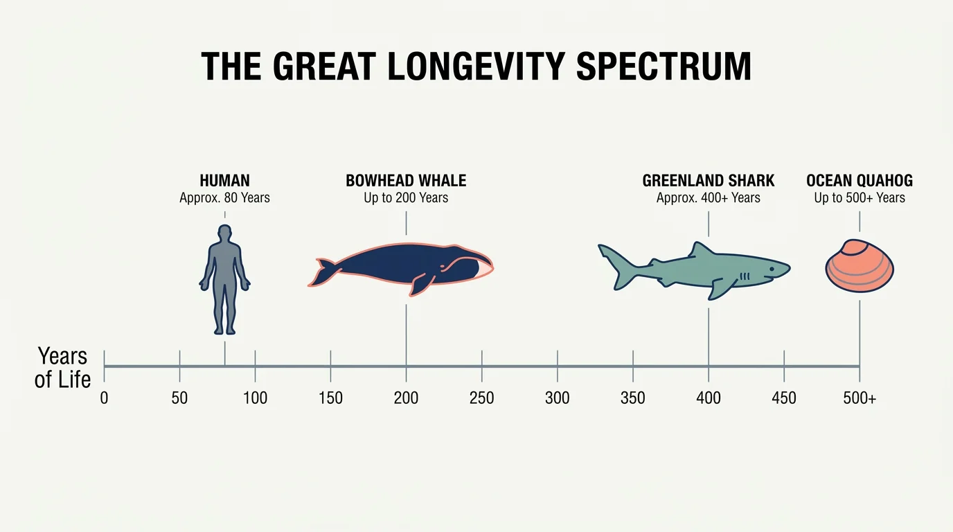 An infographic timeline showing animals arranged by lifespan, from humans at 80 years to sharks at 400 years.