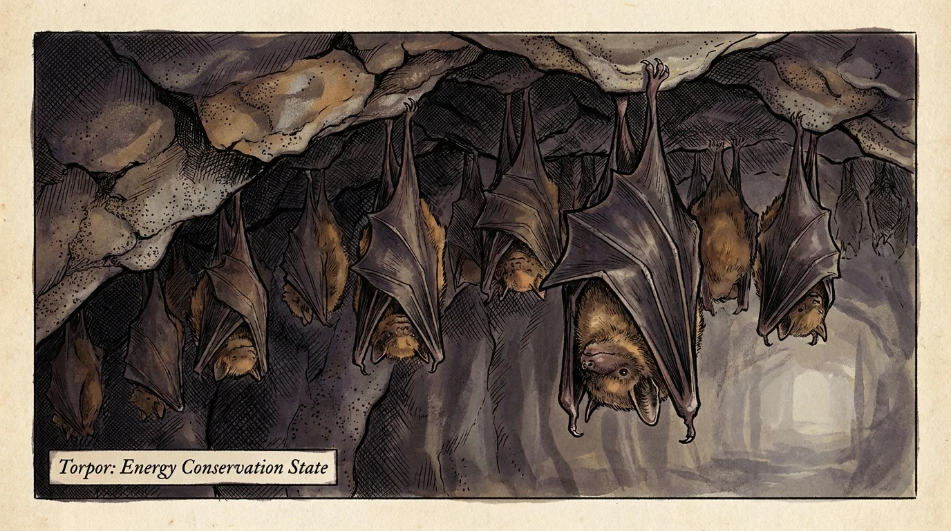 An ink and gouache illustration of brown bats hanging from a dark cave ceiling in a state of torpor.