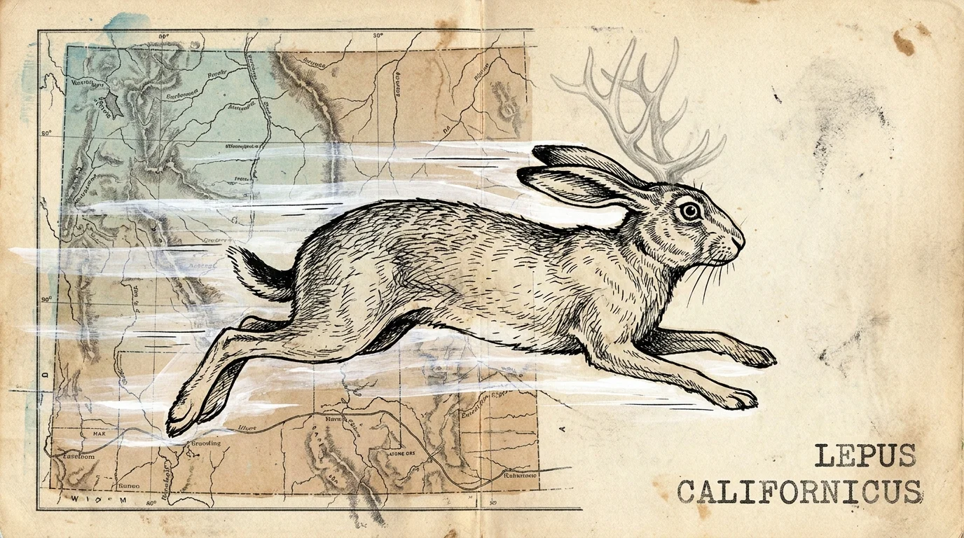 An ink and map collage of a jackrabbit in mid-leap, with faint pencil-drawn antlers suggesting the Jackalope legend.