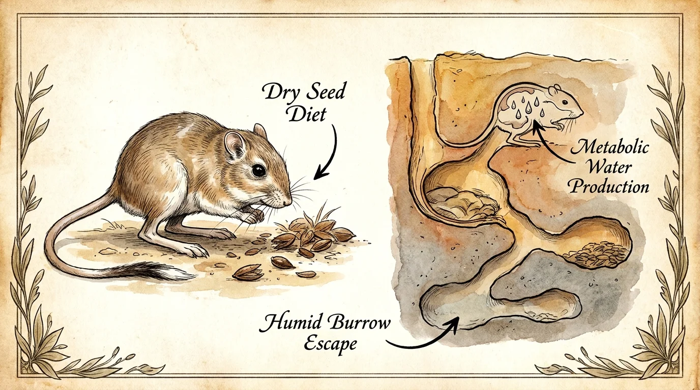 An ink and watercolor field guide illustration showing a kangaroo rat foraging and a cross-section of its humid underground burrow.