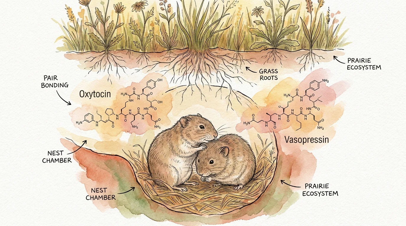 An ink and watercolor illustration of two prairie voles cuddling in an underground nest, with labels for oxytocin and vasopressin.