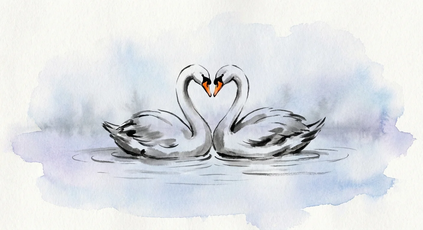 An ink and watercolor illustration of two swans facing each other on a misty lake, their necks forming a heart shape.