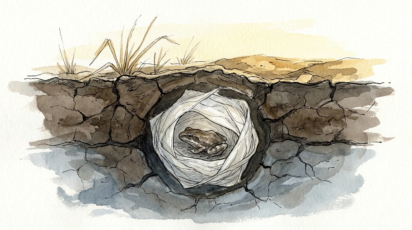 An ink and watercolor painting of a frog encased in a translucent skin cocoon buried deep in cracked desert mud.