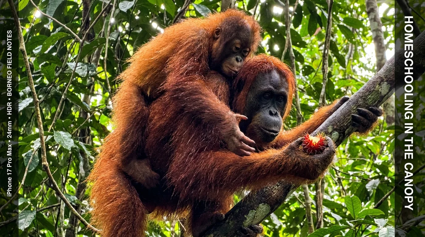 An orangutan mother carries her large juvenile through the jungle canopy while sharing a piece of fruit during a long day of foraging.