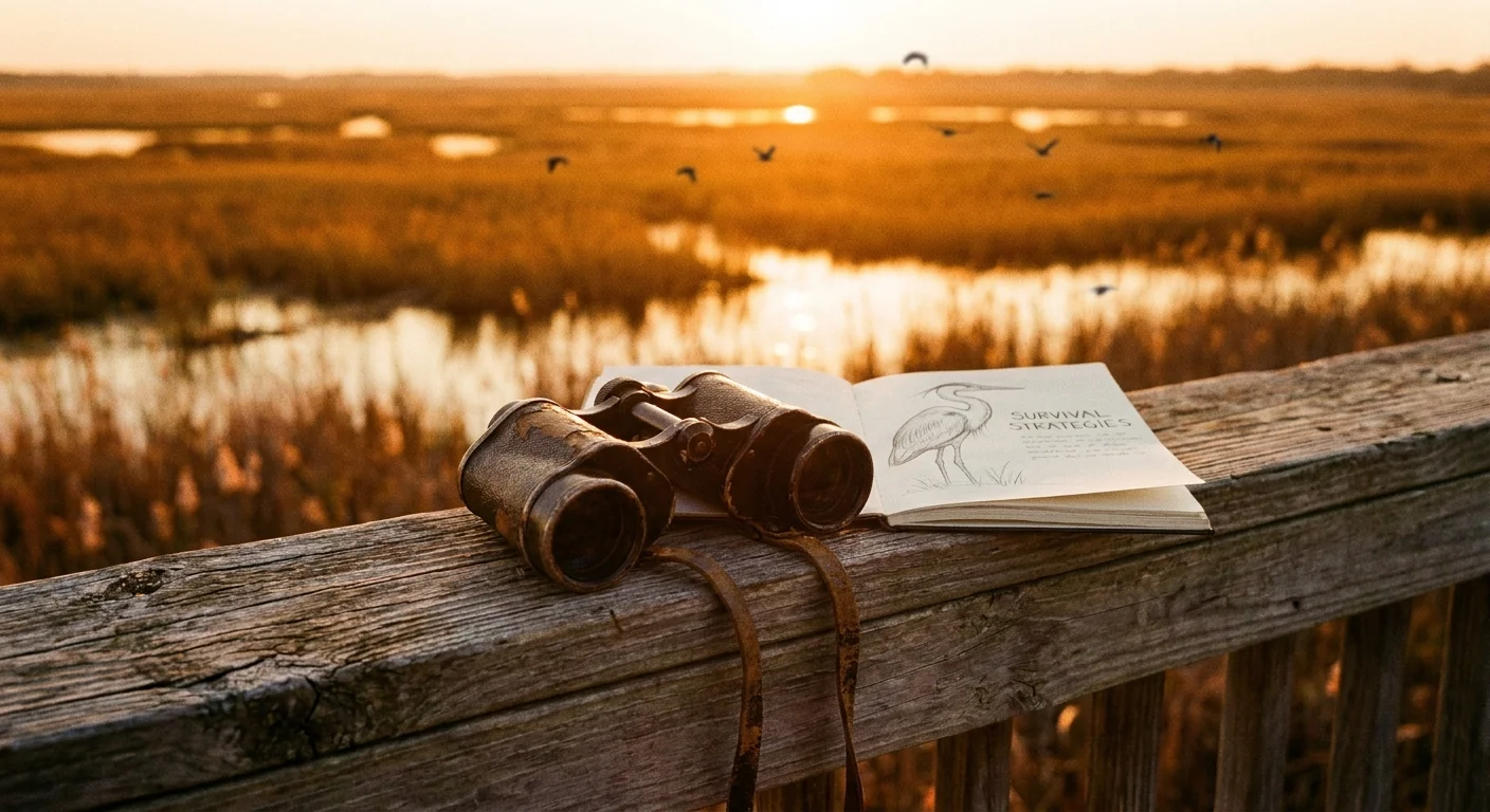 Binoculars and a field notebook on a wooden railing overlooking a beautiful wetland at sunset.