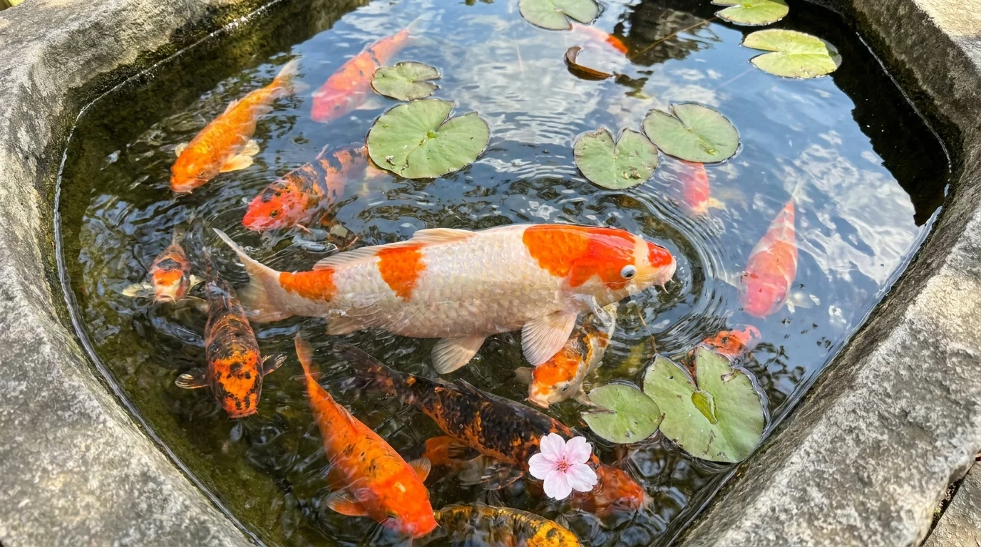 Colorful orange and white Koi fish swimming in a clear stone garden pond with lily pads.