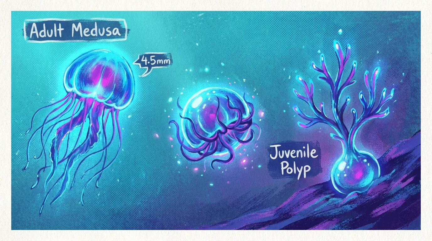 Gouache art showing the life cycle of the immortal jellyfish reverting from a bell-shaped adult to a plant-like polyp.