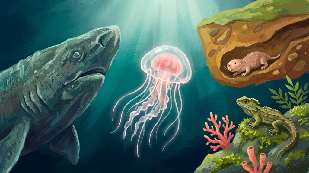 Gouache illustration of a Greenland shark, immortal jellyfish, and naked mole-rat together in a vibrant, stylized natural scene.