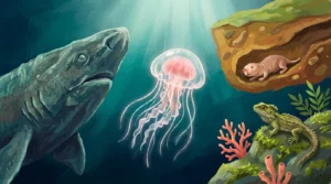 Gouache illustration of a Greenland shark, immortal jellyfish, and naked mole-rat together in a vibrant, stylized natural scene.