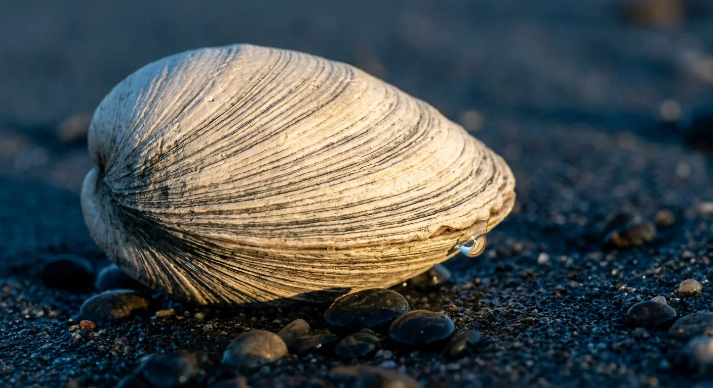 Macro photo of an Ocean Quahog shell showing the dense, fine growth rings that scientists use to track centuries of history.