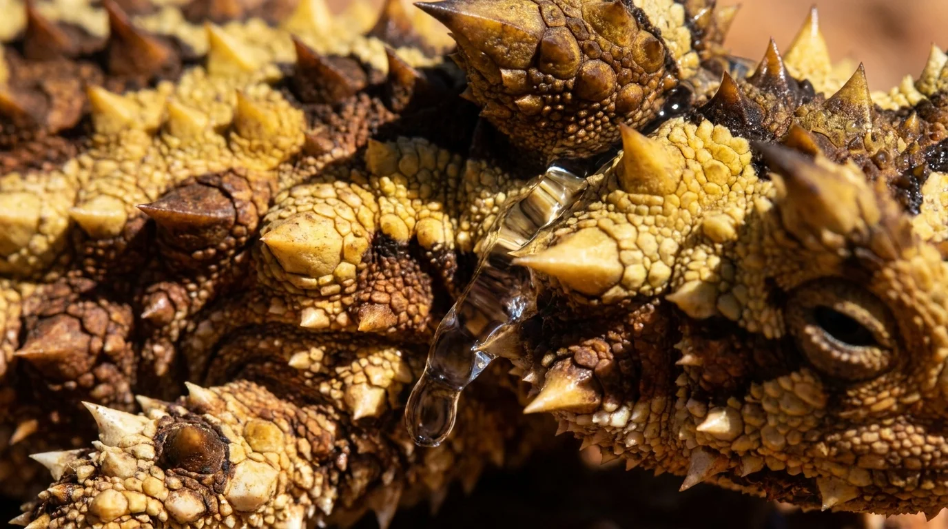 Macro photography of a Thorny Devil's skin showing the specialized channels that transport water across its body to its mouth.