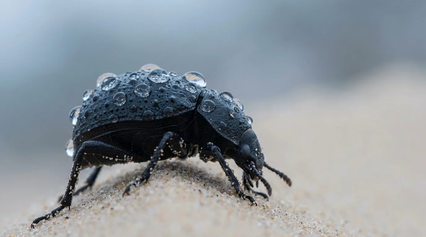 Macro shot of a Namib Desert Beetle with droplets of fog water collected on its black shell against a misty desert background.