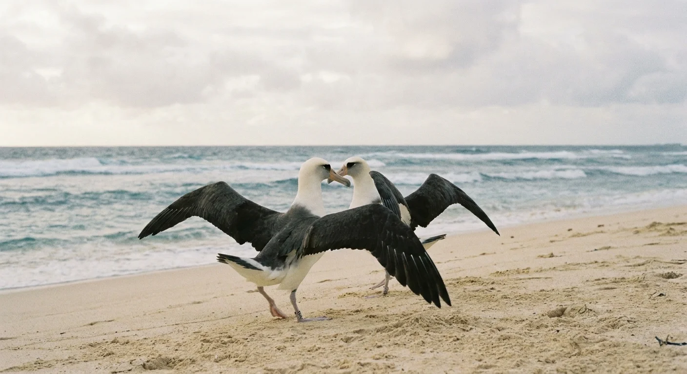 Two Laysan Albatrosses perform a synchronized courtship dance with touching beaks on a sandy beach.