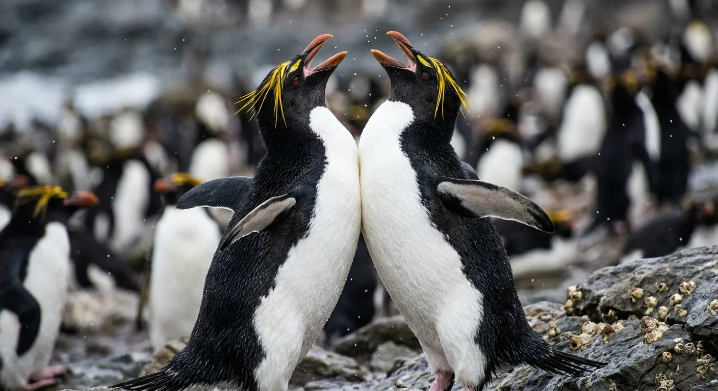 Two Macaroni Penguins with yellow crests stand on rocks, chests together and heads raised in a loud reunion call.